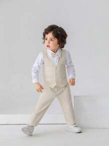 BOARNSEORL 3pcs Young Boys Gentleman Outfit Set: White Shirt With Bowknot, Vest And Pants, Suitable For Birthday Party, Wedding, Holiday And Other Formal Occasions
