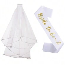 White Bridal Veil With Gold Letters And Diamonds Embellishment - White - View 1