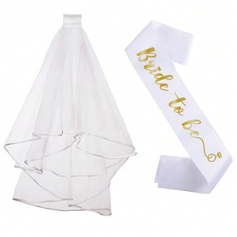 White Bridal Veil With Gold Letters And Diamonds Embellishment - White - View 1