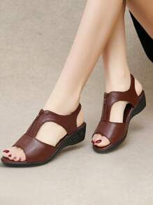 Sandalias casual color sólido impermeable dedo del pie plataformas de cuña para mujer, punta redonda cómodo fresco casual pareja zapatillas de deporte, adecuado para correr, ropa de todos los días, artículos de moda, tenis, viajar y jogger. - Marrón - Ver 2