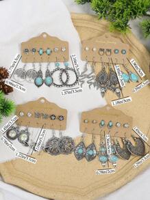 TopHanqi Juego de aretes colgantes de estilo vintage-geométrico con colgante hueco, decorado con turquesa y pedrería, para mujeres, elemento bohemio, para cuatro temporadas