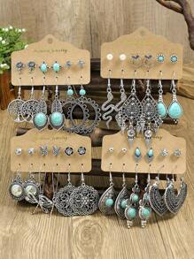 TopHanqi Juego de aretes colgantes de estilo vintage-geométrico con colgante hueco, decorado con turquesa y pedrería, para mujeres, elemento bohemio, para cuatro temporadas