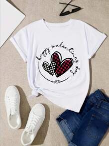 Playera deportiva casual con estampado de corazón para el Día de San Valentín, mangas cortas, cuello redondo, tops para correr y hacer ejercicio para mujeres - Blanco - Ver 1