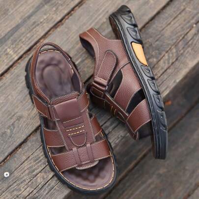 Men's Sandals 2024 Summer New Water-Resistance Anti-Skid Driving Beach Leather Sandals, Men's Vacation Casual Slippers