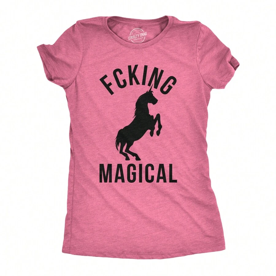 Womens Magical Funny T Shirt Unicorn Vintage Tee Cool Cute 90s Novelty T Shirt Funny Womens T Shirts Cute Vintage Fashion Casual Ladies T-Shirt Gift - 石楠粉紅 - 查看 1