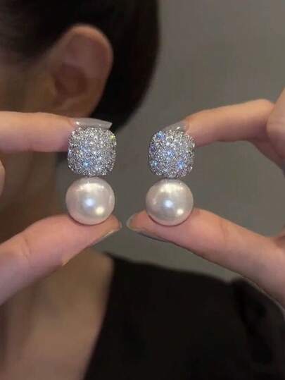 S925 Fashion Pearl Earrings, Luxury & Elegant, Inlaid With Diamonds, Women's Wedding/Festive Ear Accessories