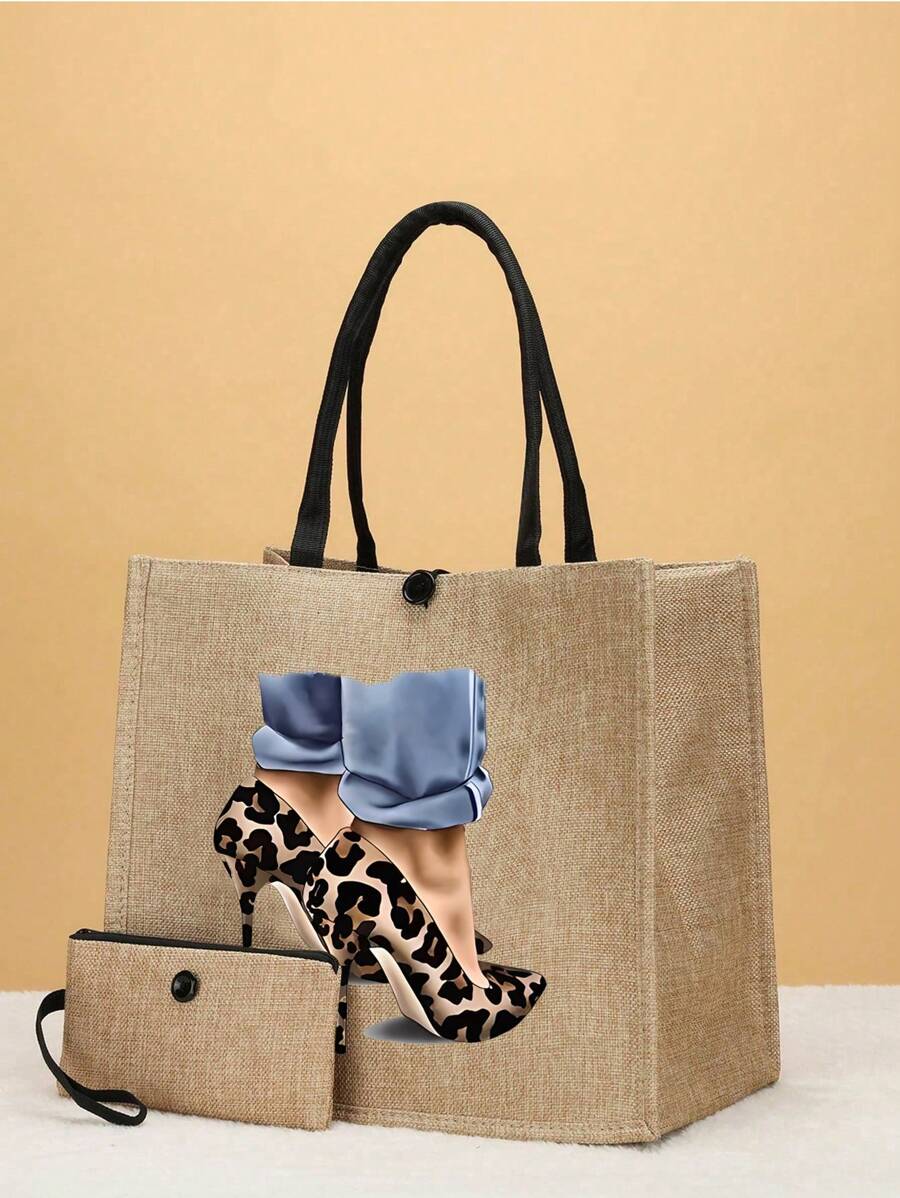 Canvas Letter Printed Travel 2pcs Tote Bag Set