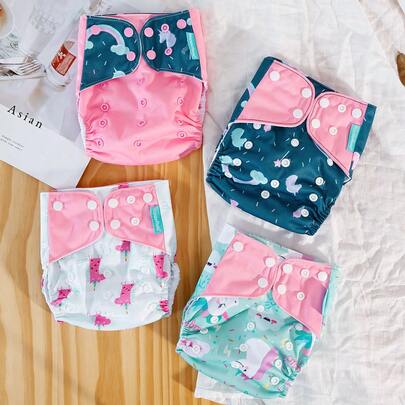4 件可重复使用布尿布，速干绒面布内衬，均码可调节可洗口袋尿布套，适合男婴和女婴