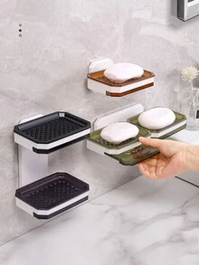 1 pieza Jabonera de pared de doble capa de ABS con drenaje, estante portajabón sin taladro para el hogar, la cocina y el baño - Ver 7