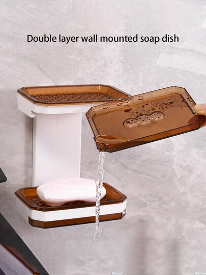 1pc Wall-Mounted Double-Layer ABS Soap Dish, Drill-Free Drainage Soap Holder Rack For Home, Kitchen, Bathroom