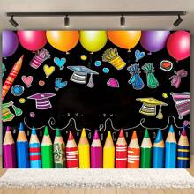 1 pieza Felicitaciones Telón de fondo para foto de graduación de preescolar, bandera de mesa de pastel de fiesta de graduación con patrón de crayones de colores, decoración de fiesta de graduación, decoraciones para el hogar para uso en interiores o exteriores., Navidad