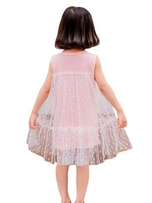 Young Girl Summer Sleeveless Round Neck Mesh Dress With Lace