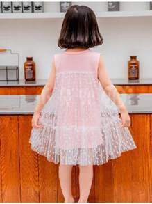 Young Girl Summer Sleeveless Round Neck Mesh Dress With Lace