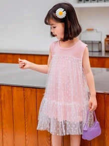 Young Girl Summer Sleeveless Round Neck Mesh Dress With Lace