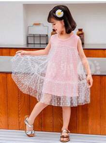 Young Girl Summer Sleeveless Round Neck Mesh Dress With Lace