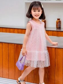 Young Girl Summer Sleeveless Round Neck Mesh Dress With Lace