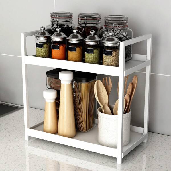 1pc Double-Layer Bathroom Countertop Storage Rack, Vanity Cosmetic And Makeup Organizer Shelf, Kitchen Spice Rack Stand, Bathroom & Kitchen Storage Organizer, Metal Material Storage Rack, Under Sink Storage Organizer Shelf, Multi-Functional Iron Rack