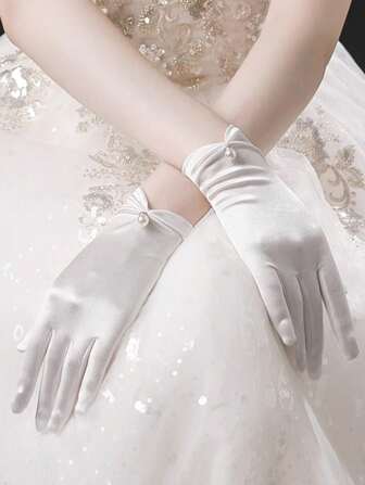 1pc Children's Dress Gloves For Girls, White/Black Spring/Summer Faux Pearl Satin Gloves For Weddings, Performances, Dance, And Bridal Accessories