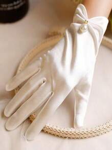 1 pieza Guantes de vestir para niñas, guantes de satén con perlas falsas blancos/negros para bodas, actuaciones, baile y accesorios nupciales