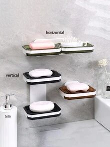 1 pieza Jabonera de pared de doble capa de ABS con drenaje, estante portajabón sin taladro para el hogar, la cocina y el baño - Ver 2