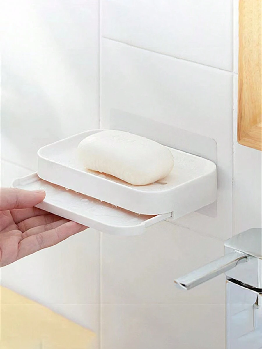 1 pieza Jabonera de pared de PS con bandeja de drenaje, soporte de jabón sin taladro adecuado para el hogar, la cocina y el baño - Ver 1