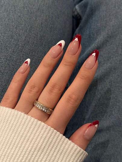 ハート形の赤と白 アーモンド型 カバーリングフェイクネイル24個セット、 シンプルでファッショナブル、ジェリーグルー1個、ネイルファイル1個を含む、外見をアップグレードするのに女性や女の子に最適