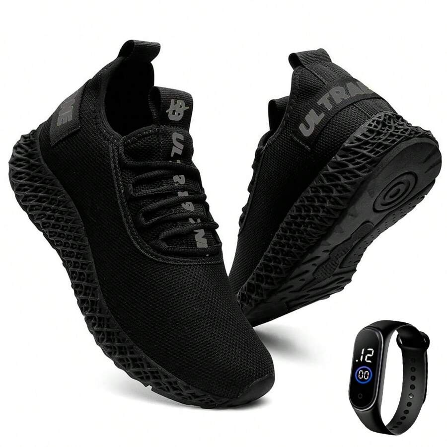 Ultrabone Black Unisex Sports Shoes Walking Running Gym Training + Watch - 黑銀 - 查看 1