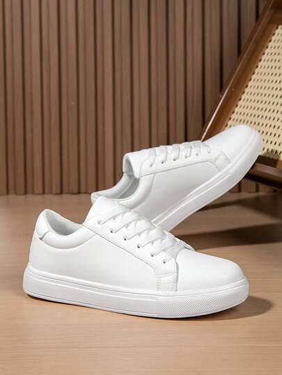 Men's Minimalist Pure White Outdoor Casual Flat Sneakers, Lightweight Daily Versatile Lace-Up Skate Shoes, Student Hiking Shoes, Couple Casual White Shoes
