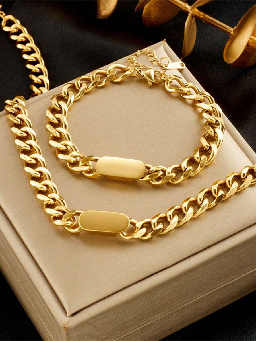 2pcs/Set Stainless Steel Thick Chain Necklace + Bracelet, Hip-Hop Fashion Jewelry Set, Non-Fading, Suitable For Daily Wear - Silver - View 1