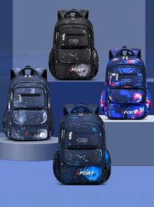 1 件学校背包，男孩背包，学生儿童背包，户外旅行包，星空印花背包，大容量多口袋背包，笔记本电脑背包，尼龙材质，适合青少年、学校和旅行（随机星空印花） - 炫彩色 - 查看 2