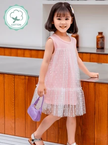 Young Girl Summer Sleeveless Round Neck Mesh Dress With Lace