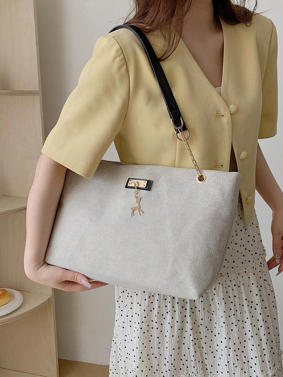 1pc Black Nylon Zipper Tote Bag With Metal Ornamentation, Fashionable