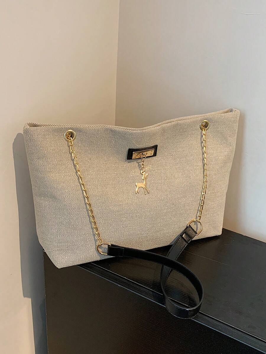 1pc Black Nylon Zipper Tote Bag With Metal Ornamentation, Fashionable