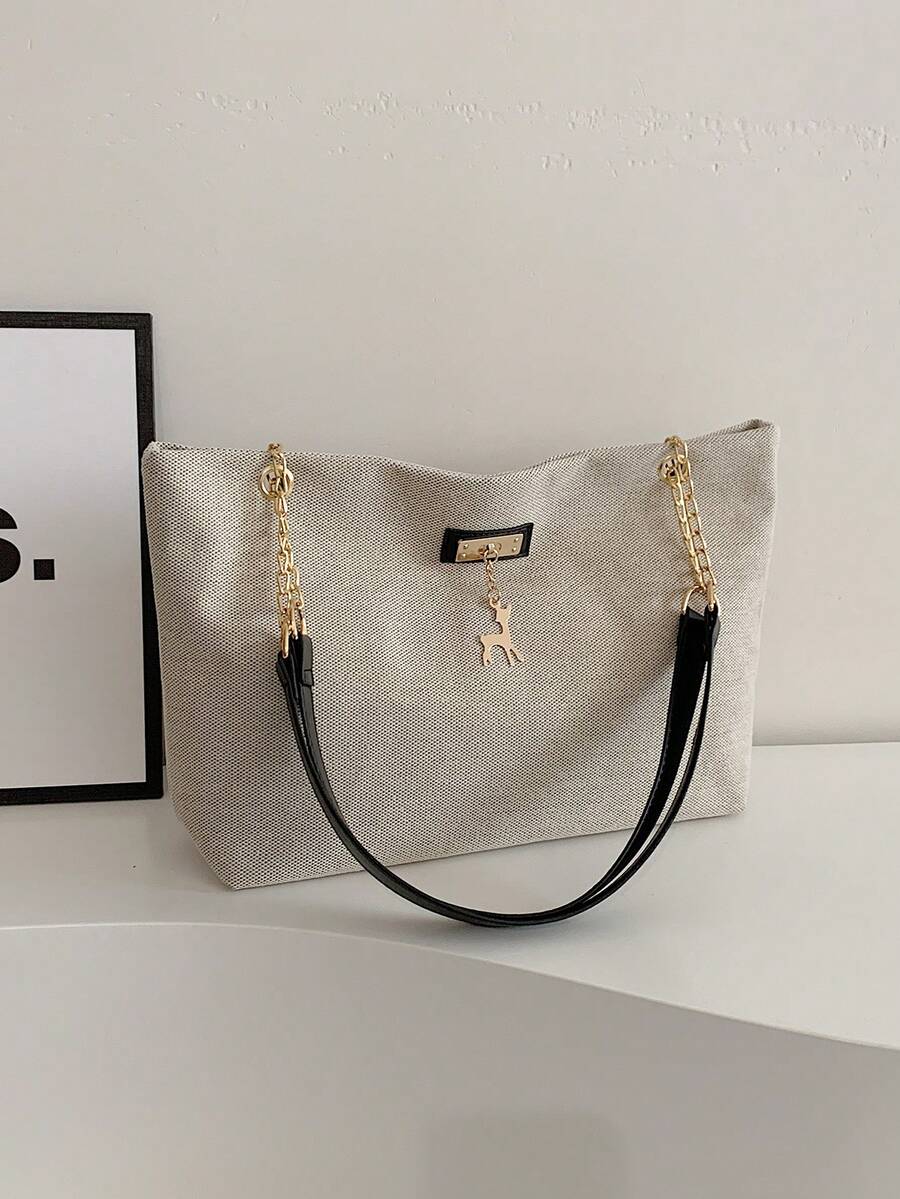 1pc Black Nylon Zipper Tote Bag With Metal Ornamentation, Fashionable