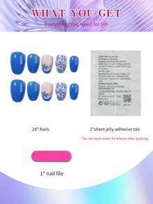 Transform Your Nails With , 24Pcs Short Oval Blue Floral With Glitter Design Press On Nails Set , Macaron Candy Color Full Fit Acrylic Fake Nails, Contain 1pc Jelly Glue And 1pc Nail File, Suitable For Women And Girls'daily Work, Study And Parties Use Nail Supplies