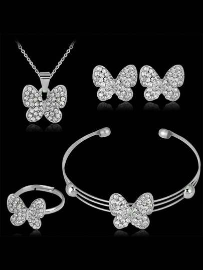 5pcs/Set Silver Rhinestone Butterfly Fashionable, Versatile, Casual Jewelry Set For Girls