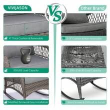 VIVIJASON 3-Piece Outdoor Conversation Bistro Set, Patio Wicker Rocking Chairs Rattan Furniture Sets W/ 2 Rattan Chairs, Cushions, Glass Top Side Table For Garden Porch Backyard - Xám - Xem 5