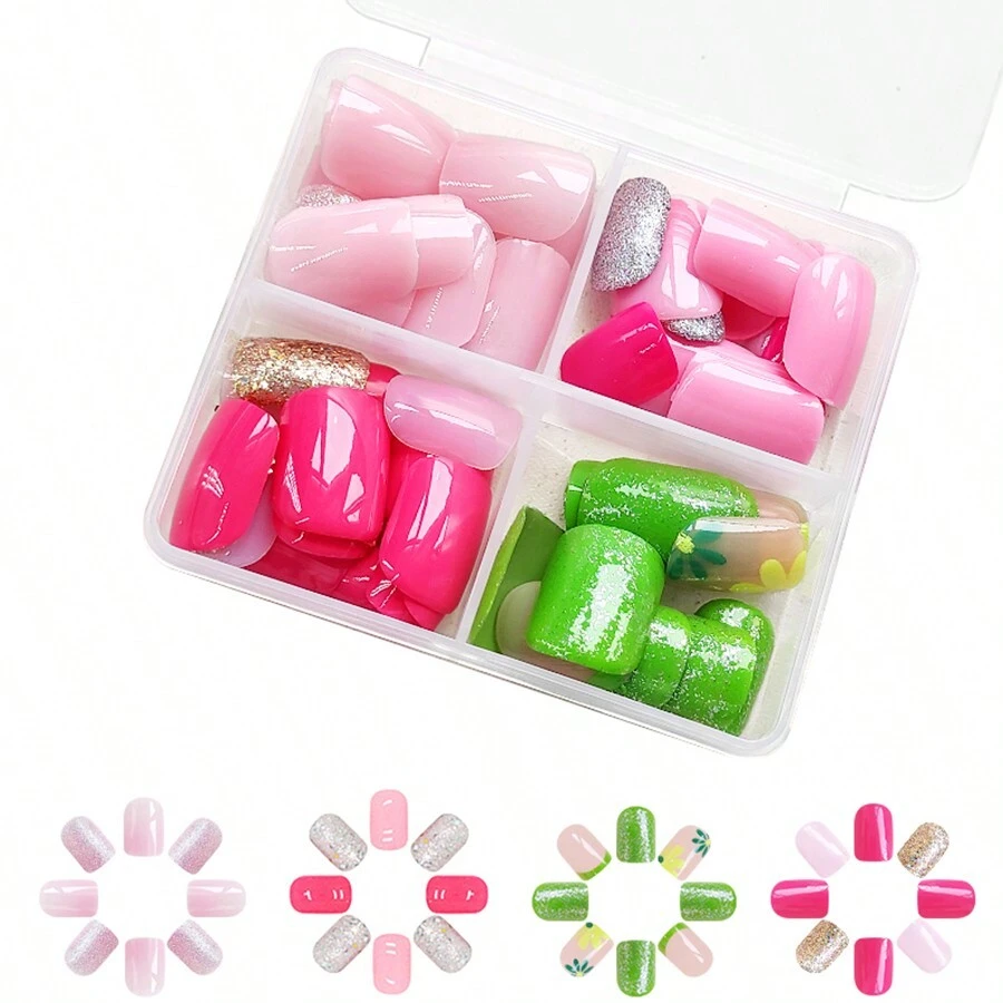 96入組鮮豔色方形全覆式假指甲與閃粉，可拆卸，易於穿戴的果凍凝膠和指甲文件，時尚百搭的指甲藝術套裝，按壓式指甲，美甲用品 - 彩色 - 查看 1