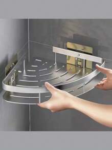 No Drill Bathroom Organizer Rack, Wall-Mounted Multi-Tier Triangle Storage Shelf - Silver - View 1