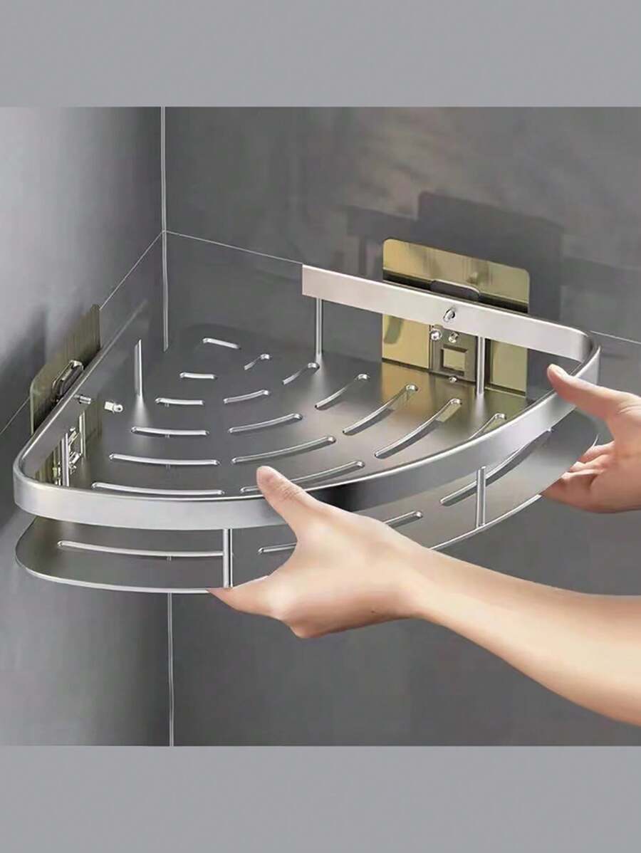 No Drill Bathroom Organizer Rack, Wall-Mounted Multi-Tier Triangle Storage Shelf - Silver - View 1