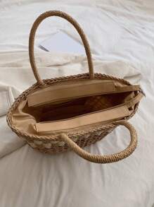 Bolsas de hierba tejida de capacidad grande de estilo casual de negocios, Bolsos de verano para mujeres, Bolsa de hombro de playa de ocio para llevar todo, Bolsa de paja minimalista para vacaciones, estudiantes universitarias, novatas y trabajadores de oficina, muy adecuado para la oficina, universidad, trabajo, negocios, conmutación al aire libre, viajes, excursiones - Caqui - Ver 4