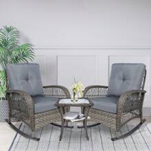 VIVIJASON 3-Piece Outdoor Conversation Bistro Set, Patio Wicker Rocking Chairs Rattan Furniture Sets W/ 2 Rattan Chairs, Cushions, Glass Top Side Table For Garden Porch Backyard - Xám - Xem 7