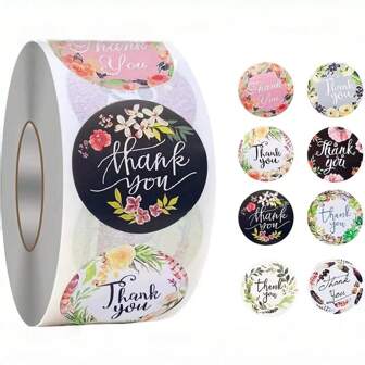 500PCS/Roll 1 Inch Wholesale 8 Designs Roll Handmade Colorful Flower Thank You Label Sealing Stickers For Gift Box Decoration Tthank You Self-Adhesive Labels Stickers For Packaging , Small Business ,Wedding Invation Back To School
