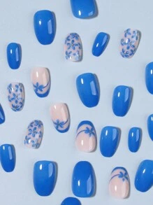 Transform Your Nails With , 24Pcs Short Oval Blue Floral With Glitter Design Press On Nails Set , Macaron Candy Color Full Fit Acrylic Fake Nails, Contain 1pc Jelly Glue And 1pc Nail File, Suitable For Women And Girls'daily Work, Study And Parties Use Nail Supplies