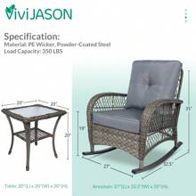 VIVIJASON 3-Piece Outdoor Conversation Bistro Set, Patio Wicker Rocking Chairs Rattan Furniture Sets W/ 2 Rattan Chairs, Cushions, Glass Top Side Table For Garden Porch Backyard - Xám - Xem 6