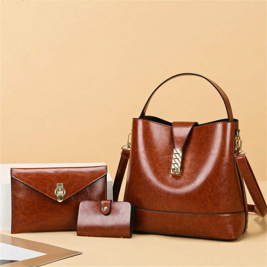 時尚綜合包 - 手拿包，錢包，背包，肩袋，書包 - 复古純色PU材質，柔軟紋理和高品質，耐用實惠的女包 - 棕色 - 查看 1