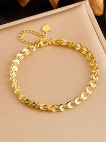 1pc Simple Gold-Plated Stainless Steel Flat Curb Chain Bracelet Jewelry - Gold - View 1