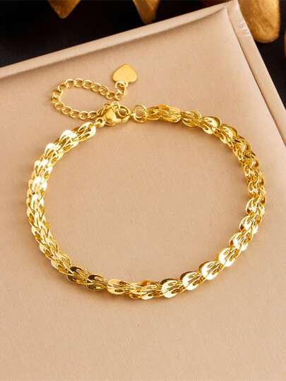 1 pièce Bracelet simple en chaîne gourmette plate en acier inoxydable plaqué or, bijou