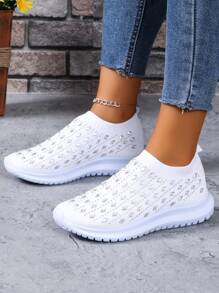 2024 New Women's Outdoor/Casual Sports Shoes With Rhinestone Decor, Breathable And Anti-Slip Design, Comfortable Knit Material
