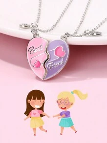 2pcs/Set Girls' Brooch & Pendant Necklace, Heart & Colorful Oil Drop Zinc Alloy Magnetic Jewelry Set, Ideal Gift For Best Friends For Daily Wear - Violet Purple - View 1